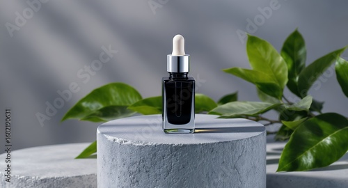 Essential Oil Bottle Product Photography with Green Leaves on a Stone Platform