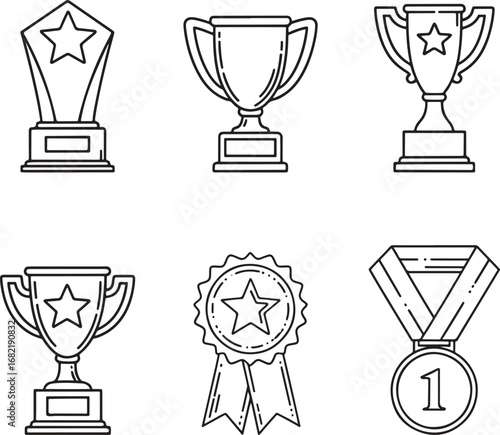 Collection of trophy and award icons in outline style for graphic design