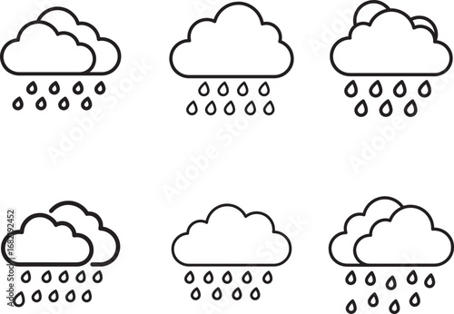 Set of six cloud icons with rain drops in a simple line style