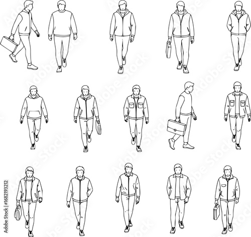 CAD Drawings. Set business people outlines isolated on white background. Walking, standing, talking etc. Vector illustration.
