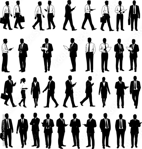 CAD Drawings. Set business people outlines isolated on white background. Walking, standing, talking etc. Vector illustration.
