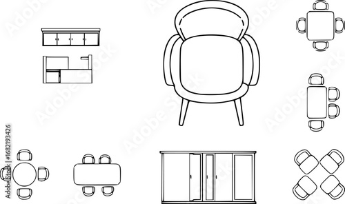 Family room furniture outline top view. Floor plan icons set for design interior and architectural project. Furniture thin line icon in top view for layout.