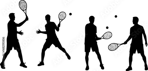 Tennis, group of male tennis players, isolated vector silhouettes, summer sports
