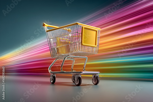 Modern shopping cart with yellow accents on reflective floor. Colorful streaks in background evoke speed, energy, and digital retail themes.