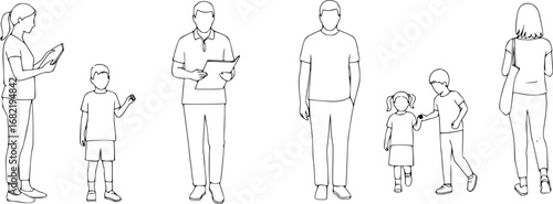 CAD Drawings. Set people outlines isolated on white background. Walking, standing, talking etc. Vector illustration.
