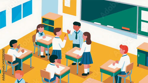 Illustration of Teenagers Learning in a Classroom Design Template with School Background