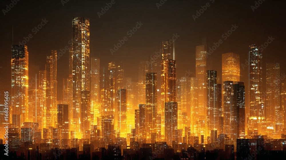 Fototapeta premium Dazzling modern cityscape at night, illuminated by vibrant golden lights creating a futuristic urban panorama of towering skyscrapers.