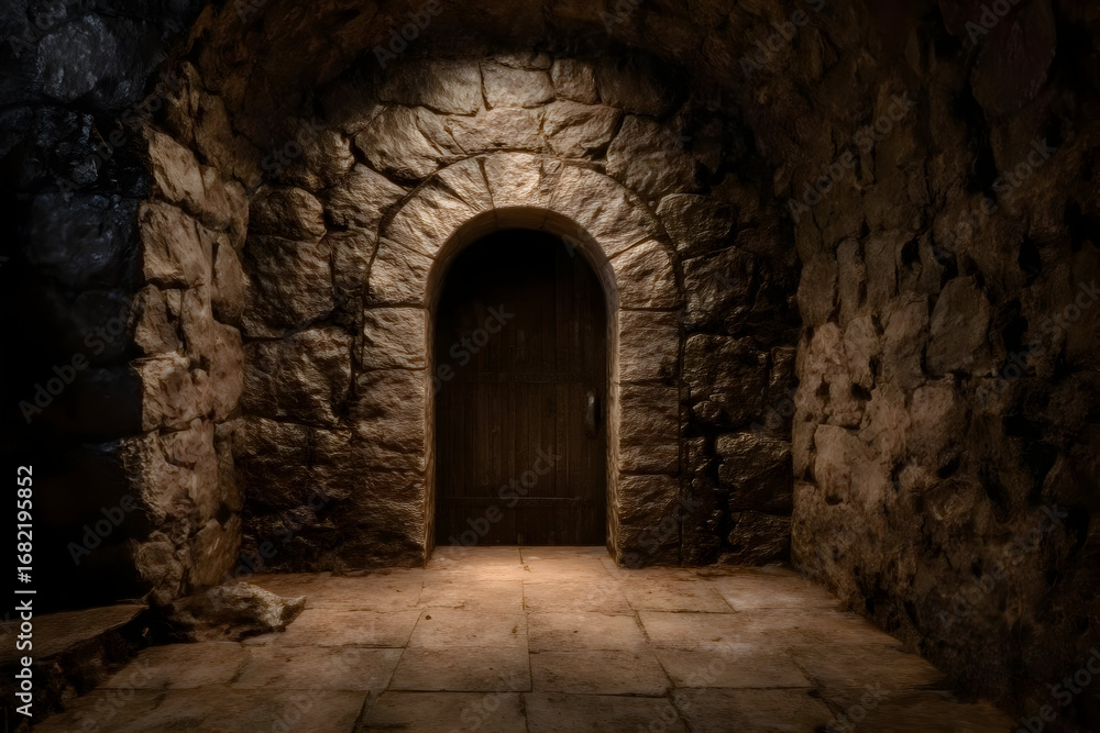 Fototapeta premium A mysterious stone archway leading to a wooden door, illuminated by soft light, creating an enchanting atmosphere.
