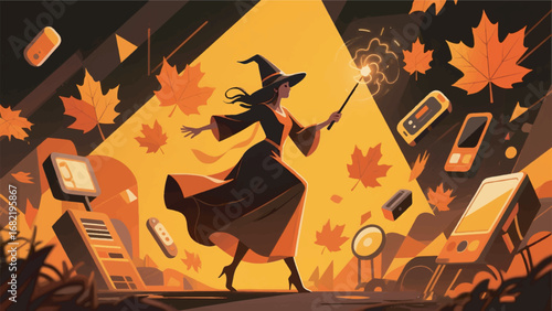 Illustration of Magical Wizard with Autumn Leaves Design Template with Autumn Forest Background