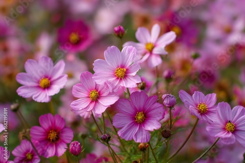 Wallpaper Mural Pink cosmos flowers with yellow centers fill the frame creating a vibrant floral display Torontodigital.ca