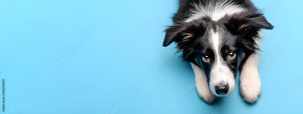 Fototapeta premium A playful dog resting on a vibrant blue background, showcasing its playful demeanor and unique markings.