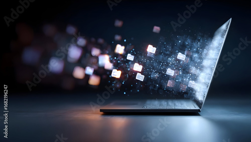 A laptop with digital particles illustrating data transfer, symbolizing innovation and connectivity in the digital age.