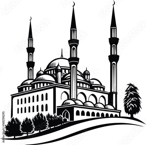 Flat mosque icon with minarets silhouette design