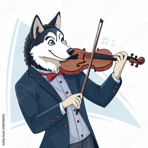 Dapper Husky musician performs classical melody with elegant violin, bringing joy and sophisticated entertainment to any occasion.