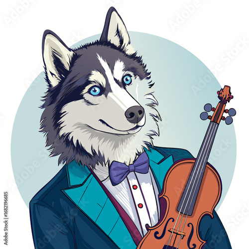 Charming husky musician in formal attire plays classical violin with joyful expression, perfect for creative projects.