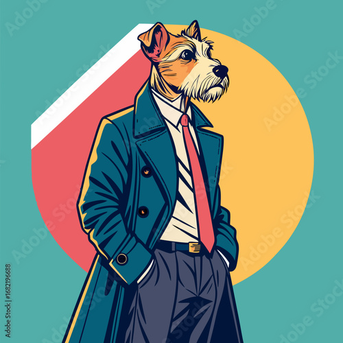 Dapper dog in tailored suit and trench coat exudes confidence and sophistication, perfect for business and lifestyle themes.