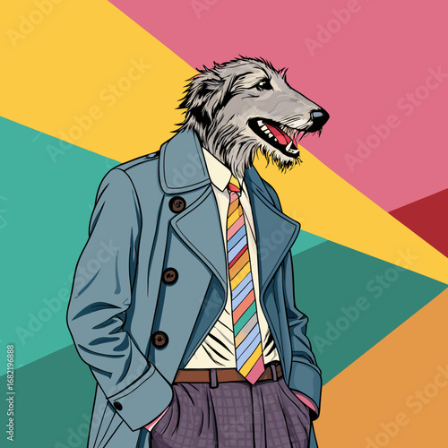 Stylish anthropomorphic dog wearing a trench coat and tie exudes confidence in a vibrant, abstract geometric setting, capturing modern artistic flair.