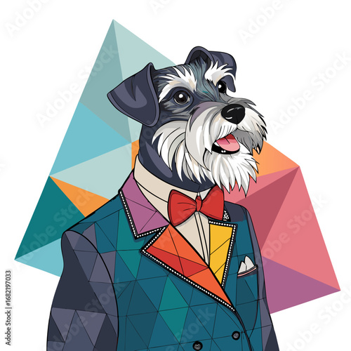 Dapper schnauzer sporting a stylish geometric suit and red bowtie exudes confidence and sophistication in a vibrant, modern artistic presentation.