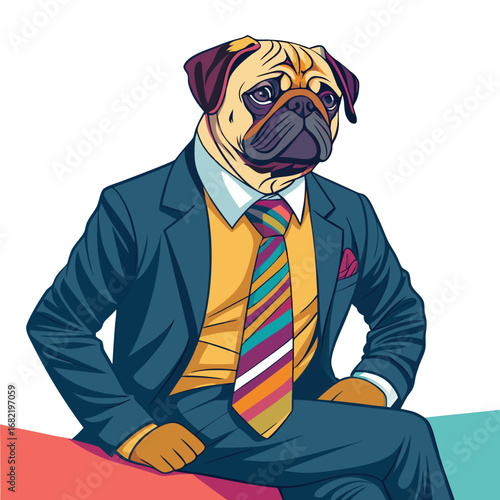 Sophisticated pug in a sharp suit exudes professional confidence and modern style, perfect for business concepts and branding