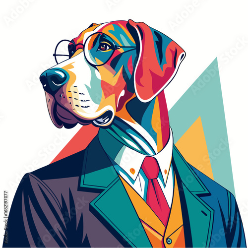 Sophisticated Great Dane dog portrait in vibrant geometric pop art style, wearing glasses and business attire, exuding intelligence and charm.