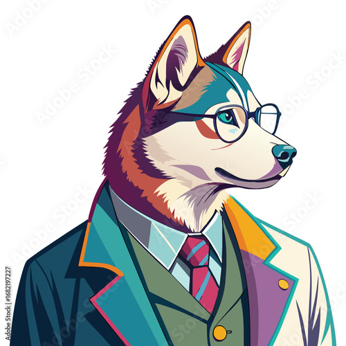 Sophisticated husky dressed in a stylish modern suit and glasses exudes professional confidence and intelligence for business concepts