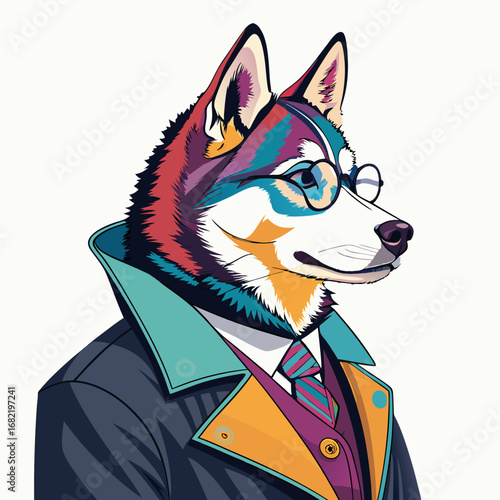 Stylish husky dog portrait in vibrant pop art style, wearing glasses and a modern suit, exuding sophistication and unique character for creative projects.