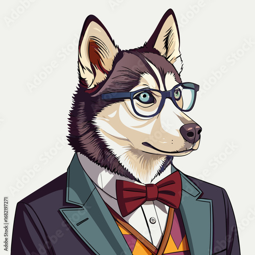 Dapper husky dog wearing glasses and a suit, exuding intelligence and sophisticated style for your business and lifestyle projects.