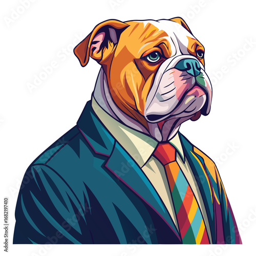 Confident bulldog in a sharp suit and colorful tie embodies professional success and sophisticated style for your business needs