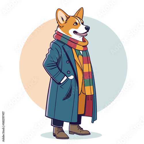Charming Corgi dressed in a stylish teal coat, yellow vest, and colorful scarf, confidently posing with hands in pockets, exuding sophisticated personality and whimsical flair.