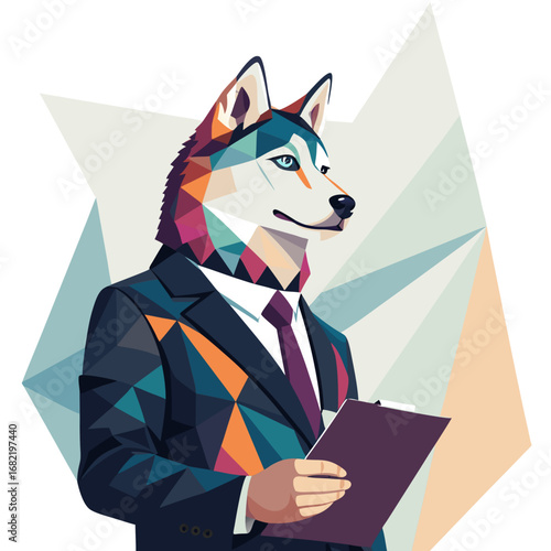 Confident husky professional in sharp suit holding clipboard, ready for business meeting, modern geometric style