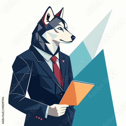 Professional husky businessman confidently reviewing documents with a modern geometric mountain backdrop, symbolizing ambition and success