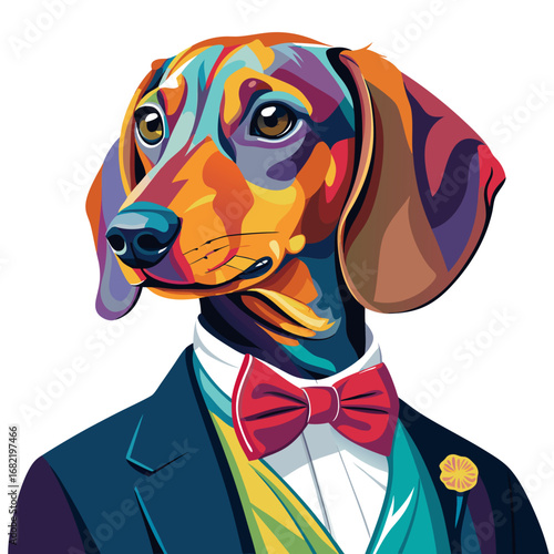 Dapper dachshund in vibrant pop art style, sporting a sharp suit and red bow tie, exuding sophistication and playful charm for modern designs.