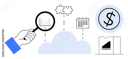 Magnifying glass over bar chart, cloud linking puzzle piece, calendar, money symbol, e-commerce graphic. Ideal for finance, analytics, cloud computing, e-commerce data management economic strategy