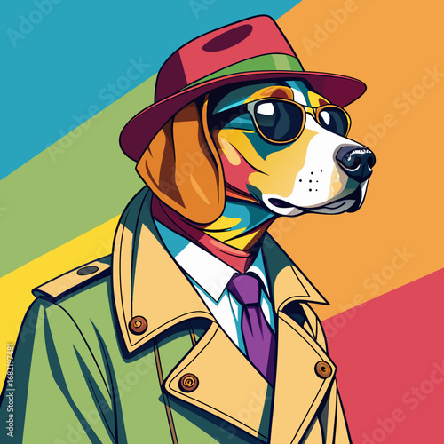 Dapper beagle canine detective sports stylish fedora sunglasses and trench coat with vibrant pop art color palette