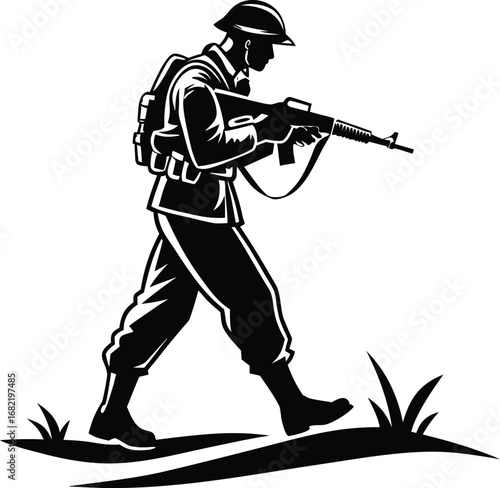 Soldier holding rifle standing ready silhouette flat vector icon
