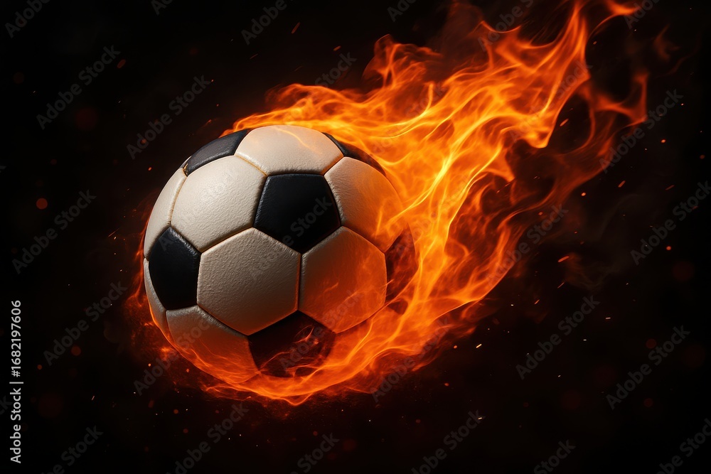 Naklejka premium Soccer ball is on fire and is surrounded by flames