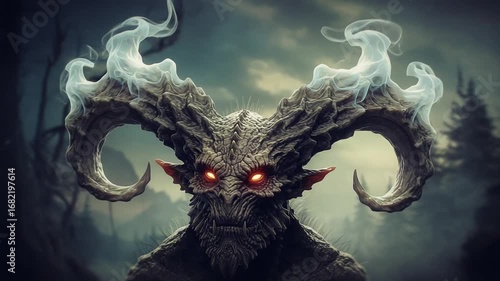 Dark mythical creature with glowing eyes in forest