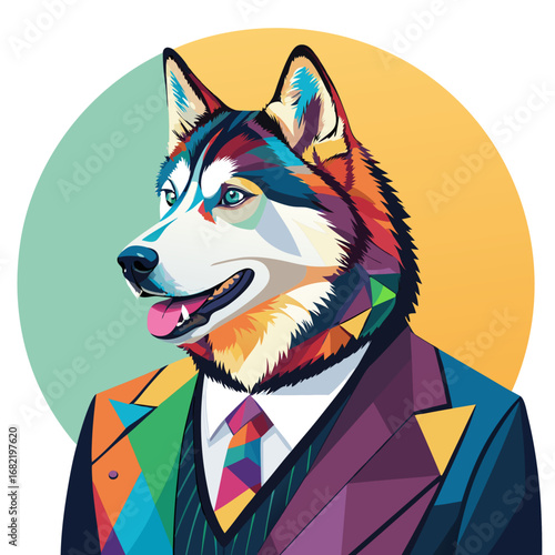 Dapper husky in a vibrant geometric suit and tie, exuding modern sophistication and playful style, perfect for creative business concepts