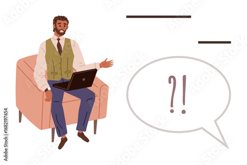 Man sitting in an armchair, gesturing with right hand while holding open laptop on lap. Large speech bubble with question and exclamation marks. Ideal for communication, brainstorming, education