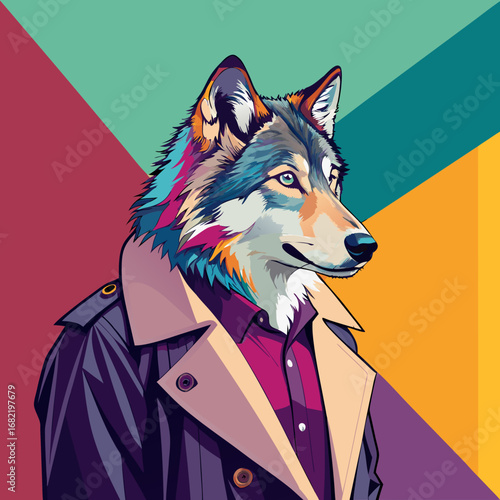 Stylish anthropomorphic wolf in trench coat and colorful shirt, modern geometric background, vibrant pop art animal portrait