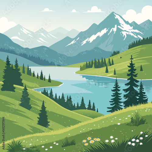 Tranquil mountain lake scenery with snow-capped peaks and lush green hills, a serene natural landscape for peaceful contemplation and outdoor adventure.
