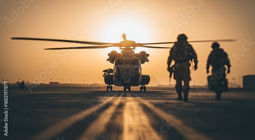 Military helicopter landing at sunset. Two soldiers walk towards it