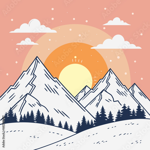 Majestic snowy mountain peaks bathed in the warm glow of a vibrant sunrise with scattered clouds and a hint of winter chill