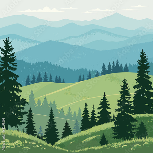 Serene mountain vista unfolds with rolling green hills and lush evergreen forests under a hazy blue sky, perfect for nature retreats