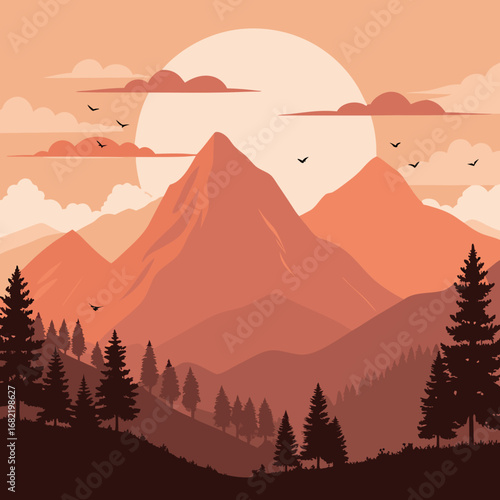 Stunning mountain range vista at sunset with silhouetted pine trees and soaring birds creating a serene, natural landscape for peaceful contemplation