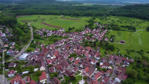 Aerial view of the old town village Zaisersweiher in Germany on a late sunny day in summer