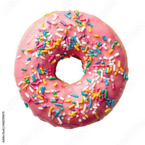 A pink glazed donut topped with colorful sprinkles