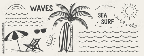 Hand Drawn Summer Beach Elements With Palm Tree Surfboard And Sun waves