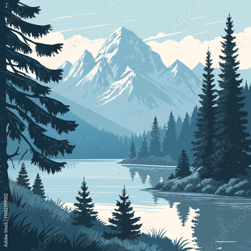 Serene mountain lake landscape with snow-capped peaks and pine forests, evoking tranquility and nature's grandeur for peaceful retreat.