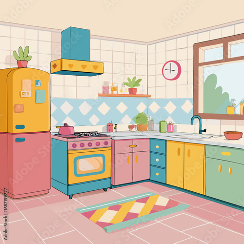 Whimsical retro kitchen with bright pastel appliances and charming decor creates a cheerful, inviting atmosphere for home cooking and cozy living.